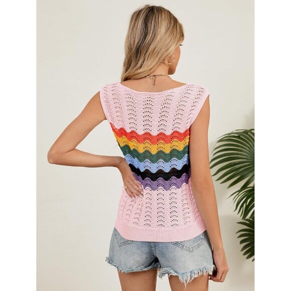 Takeyal Women Pastel Pink Sleeveless Crochet Tank Casual Summer Striped Sweater - Picture 6 of 7